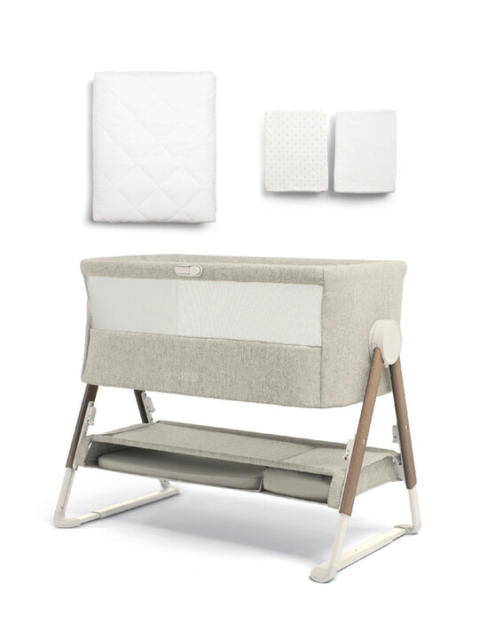 Lua Bedside Crib Bundle Beige with Mattress Protector & Fitted Sheets - Star / White image number 1